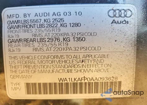 2010 Audi Q5 Premium Plus z USA, uszkodzony, nr VIN WA1LKAFP0AA093626